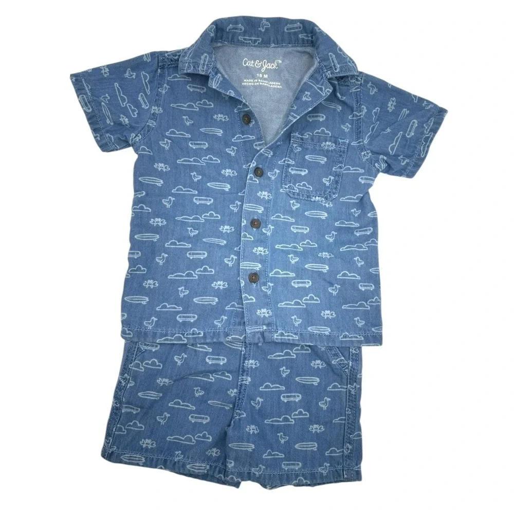 Cat & Jack Short Sleeve Denim Button-Down Shirt Pull On Shorts Set Medium Wash